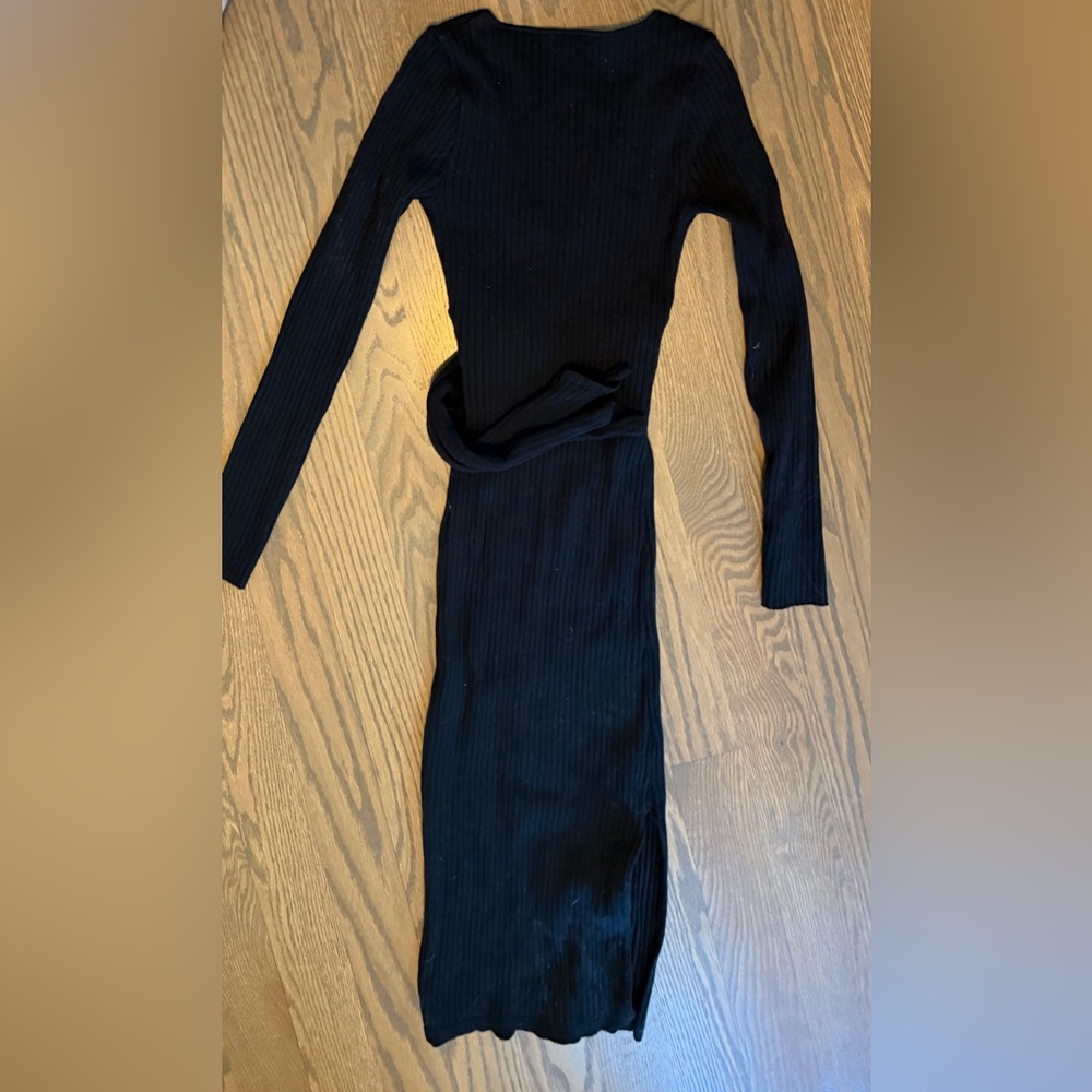 Good American Black Ribbed Wrap Midi Dress - Long Sleeve - Picture 2 of 4